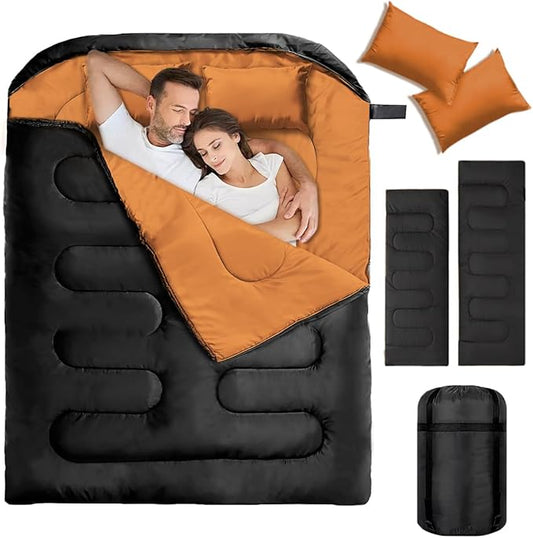 Double Sleeping Bags for Adults, 2 Person Camping Sleeping Bag for Cold Weather & Warm, Queen Size Sleeping Bag with 2 Pillow, Sleep Bag for Camping, Hiking, Backpacking