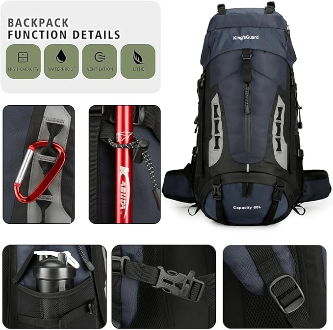 King'sGuard 60L Hiking Backpack Men Women Camping Backpack Waterproof Backpacking Mountaineering Climbing Daypack with Rain Cover (Navy)