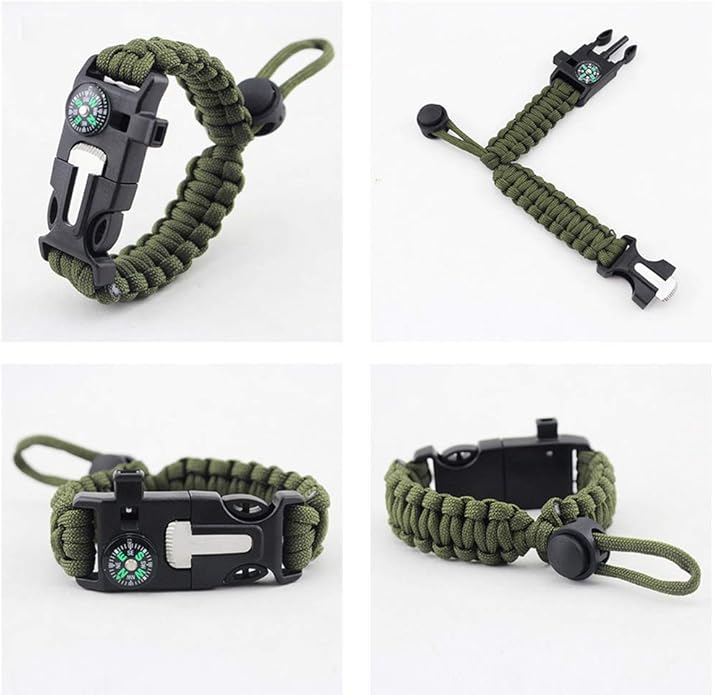 Survival Paracord Bracelet Flint Fire Starter Scraper Compass Wilderness Survival Whistle Adjustable Wristband 2Pack Black&Armygreen