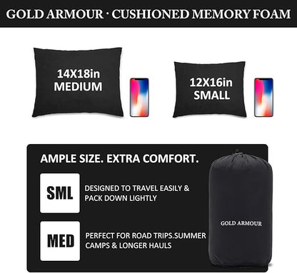 Gold Armour Camping Pillow Memory Foam - Compact Compressible Backpacking, Hammock, and Travel Pillows for Kids and Adults - Essential Outdoor & Camping Gear (Small 12 x 16in, Black)
