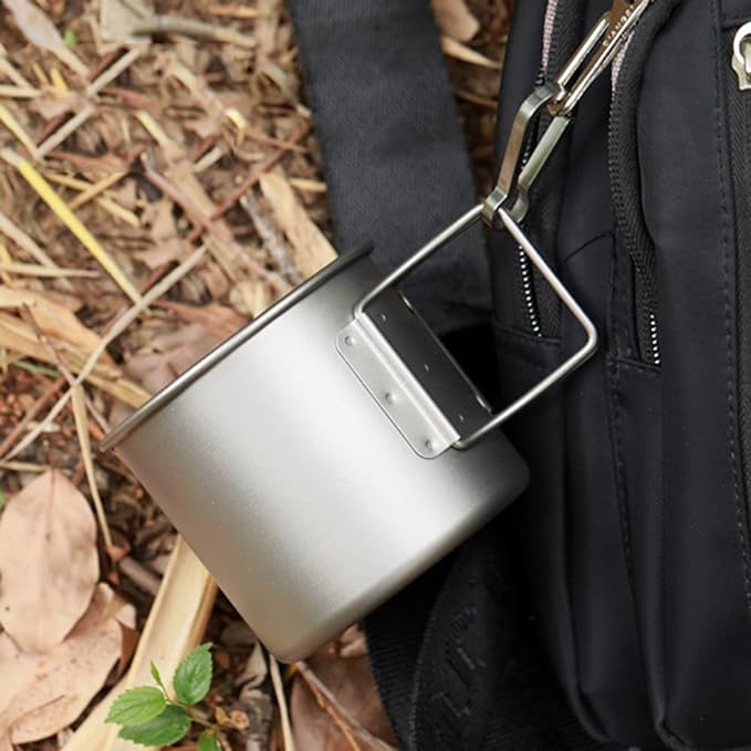TOMSHOO Titanium Mug 650ml/22 oz Camping Titanium Pot with Lid Camping Coffee Cup with Foldable Handle for Camping Hiking Travelling Backpacking Camping Open Fire