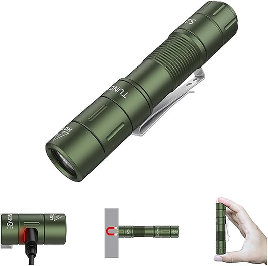 S21 AA Rechargeable Mini Flashlight, 880 High Lumen LED Flashlight, Magnetic Tail Switch EDC Pocket Flashlight, Suitable for Hiking, Camping, Outdoor and Emergency Situations（Green）
