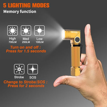 NICRON Flashlight, 700 Lumens 90 Degree Pocket Flashlight Rechargeable IP65 Waterproof 7 Modes for Camping, Outdoor, Hiking, Car Repairing, Gold