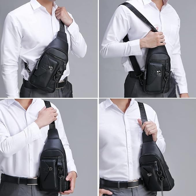 Vintage Genuine Leather Sling Bag Backpack for Men Crossbody with Cellphone Stand Chain Chest Shoulder Crossbody Daypack Black