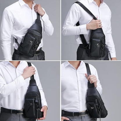 Vintage Genuine Leather Sling Bag Backpack for Men Crossbody with Cellphone Stand Chain Chest Shoulder Crossbody Daypack Black