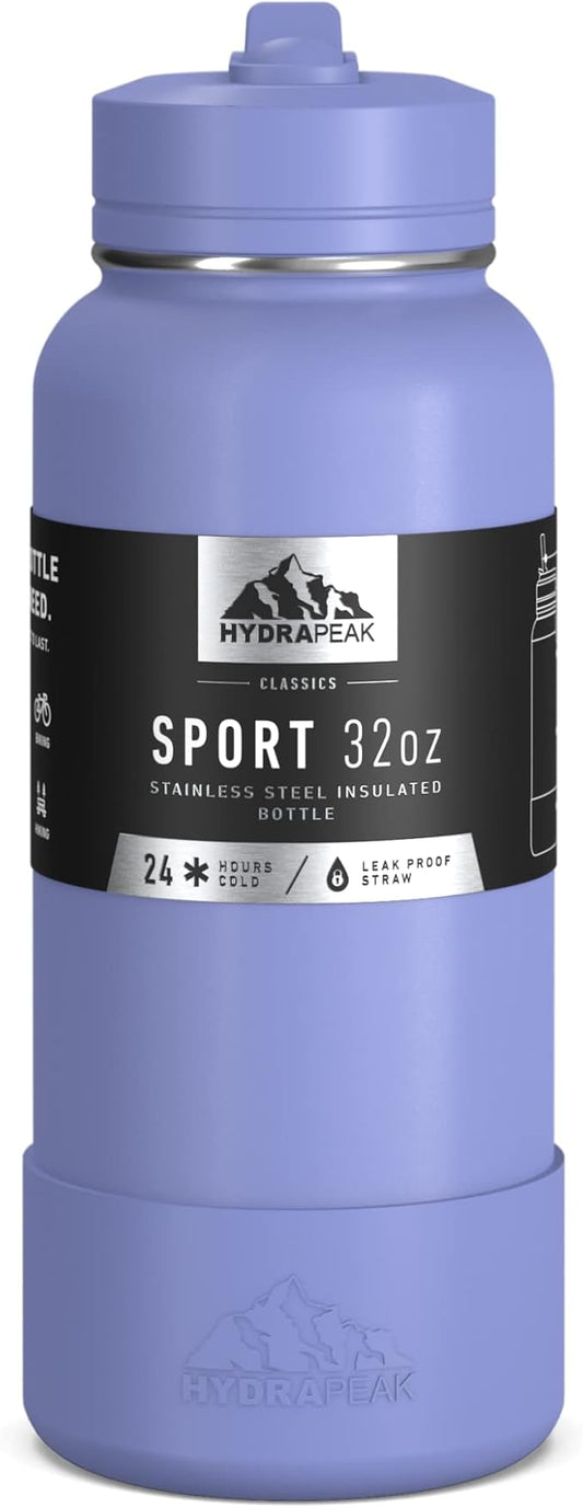 Hydrapeak 32oz Sport Insulated Water Bottle with Straw or Chug Lid, Leak & Spill Proof, Keeps Drinks Cold for 24 Hours, Hot for 12 Hours, Premium Stainless Steel Water Bottles (32oz, Iris)