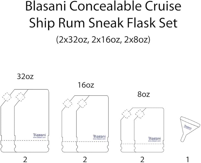 Concealable Cruise Ship Rum Sneak Flask Kit Set (2x32oz, 2x16oz, 2x8oz)