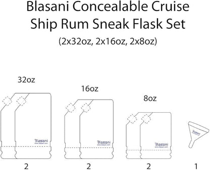 Concealable Cruise Ship Rum Sneak Flask Kit Set (2x32oz, 2x16oz, 2x8oz)