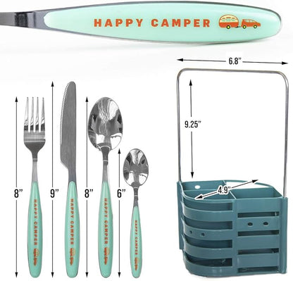 Silverware Flatware Cutlery Set - Stainless Steel 24 Pc Flatware Set With Silverware Caddy Service for 6 | Dishwasher Safe Camping Set Flatware for Travel, Small Spaces and Outdoor Use