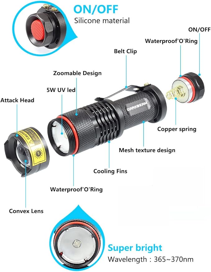 DARKBEAM UV 365nm Light Flashlight 2 Packs Wood's lamp Blacklight LED Portable Mini Handheld Torch Detector for Dog Urine Pet 370nm Anti-counterfeiting Identification, Resin Curing