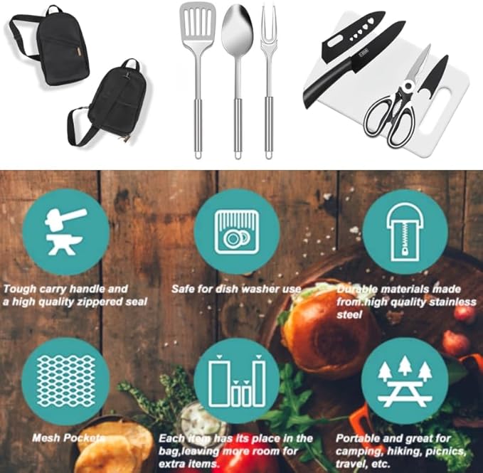 Camping Kitchen Utensil Set Outdoor Kitchen Gear, Outdoor Cooking and Grilling Utensil Travel Set Perfect for Camping Accessories Cooking, RV Camp. Camping, BBQs, Parties and More