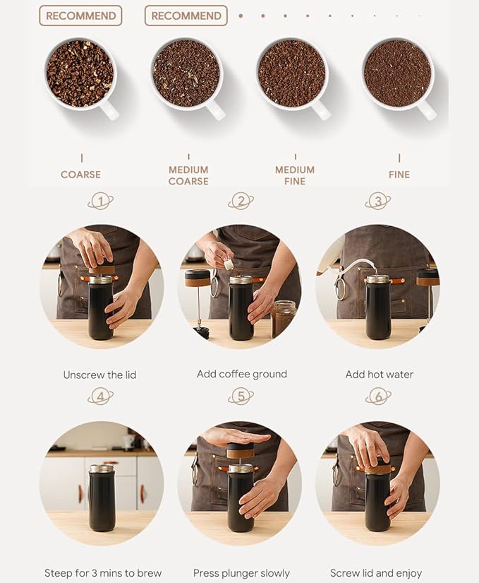 Classic Portable French Press Coffee Mug 12 oz with Carry Loop, Stainless Steel French Press Coffee Maker, BPA Free Great for Camping and Travel