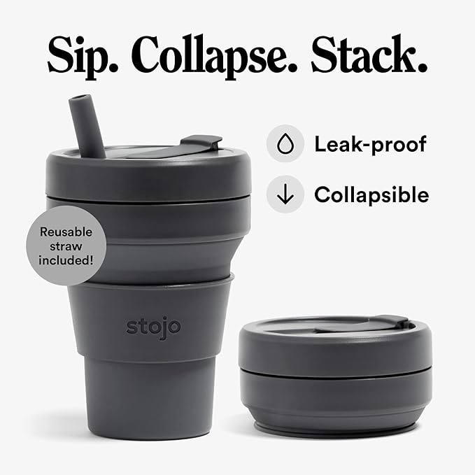 STOJO Titan Collapsible Travel Cup With Straw - Carbon Gray, 24oz / 710ml - Reusable To-Go Pocket Size Silicone Cup for Hot & Cold Drinks - Camping and Hiking - Microwave & Dishwasher Safe