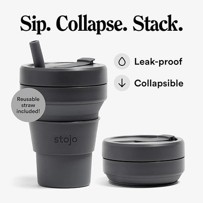 STOJO Titan Collapsible Travel Cup With Straw - Carbon Gray, 24oz / 710ml - Reusable To-Go Pocket Size Silicone Cup for Hot & Cold Drinks - Camping and Hiking - Microwave & Dishwasher Safe