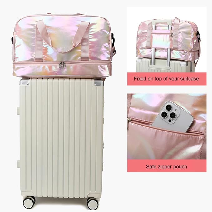 Holographic Shimmering Gym Duffle Bag with Shoes Compartment & Wet Pocket, Women Weekend Overnight Travel Bag Gymnastic Dance Bag for Girl (blue)