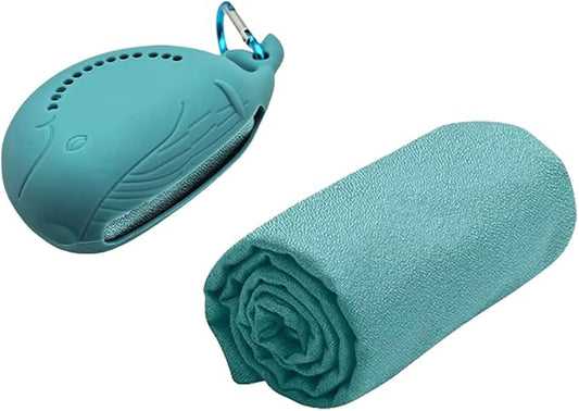 FANCAME Quick Dry Towel with Whale Silicone Sleeve Microfiber Sports Travel Towel Soft Breathable Cooling Towel Absorbent Compact Beach Towels,Suitable for Gym,Camping and Yoga (Lake Blue, 15‘’x 15")