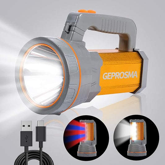 Multi functions Rechargeable Flashlight High Lumens,Handheld Spotlight LED 6000 Lumens Super Bright, Large Battery 10000 Long lasting Powerful Searchlight plus Side Lantern,Home Outdoor