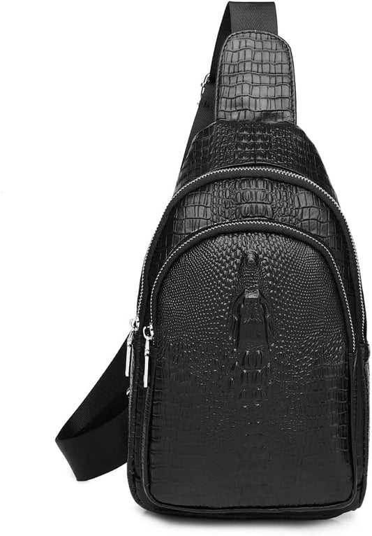 KPYWZER Genuine Leather Sling Bag Backpack for Men Crocodile Embossing Chest Bag Crossbody Shoulder Bag Daypack Black