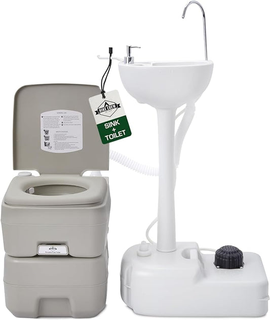 Hike Crew Portable Camping Sink & Toilet | Large Hand Washing Station with 4.5 Gal Capacity, Hands-Free Foot Pump, Faucet, Soap Dispenser & Towel Rack | Includes Travel Toilet with 5 Gal Waste Tank