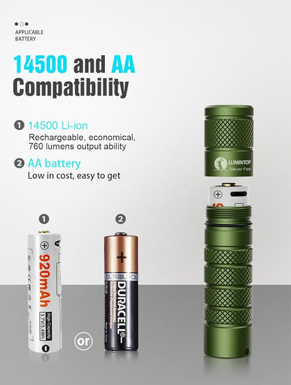 LUMINTOP AA Flashlight - 760 Lumens, Silver Fox 5 Modes, Strong Magnetic Tailcap, Perfect for Outdoor Adventure, Camping, Hiking, Emergencies, and Everyday Carry (Green)