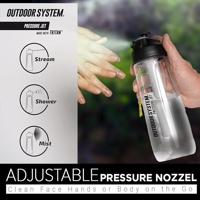 Outdoor System Pressure Jet Spray Bottle 700 ML Black Versatile Bottle Sprayer: w/Jet, Shower or Mist Settings, Portable, Hand Body Wash, Heat or Tanning Face Mister, Beach, Gym, Camping, Boating