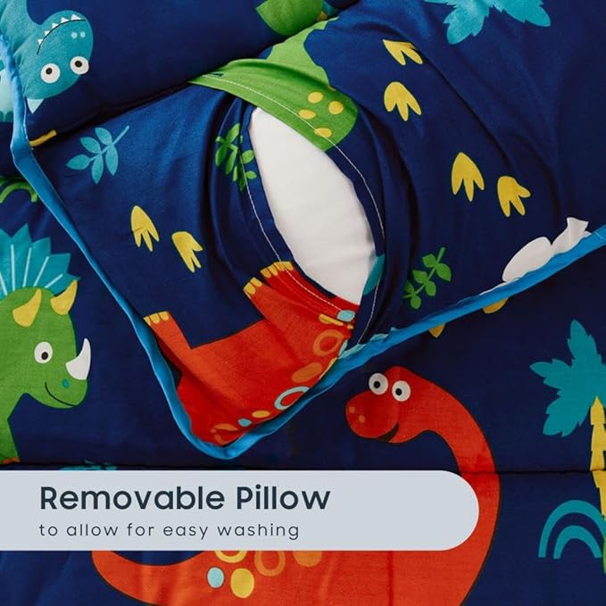 Wake In Cloud - Toddler Nap Mat with Pillow and Blanket, 100% Cotton Fabric, for Kids Boys Girls in Daycare Kindergarten Preschool, Roll Up Sleeping Bag, Dinosaur Navy, Extra Long