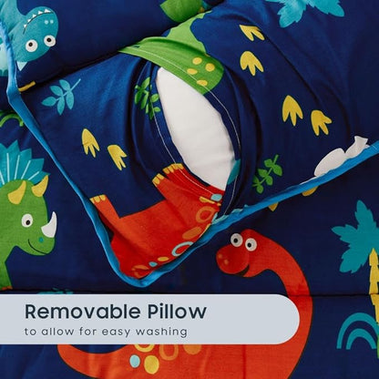 Wake In Cloud - Toddler Nap Mat with Pillow and Blanket, 100% Cotton Fabric, for Kids Boys Girls in Daycare Kindergarten Preschool, Roll Up Sleeping Bag, Dinosaur Navy, Extra Long
