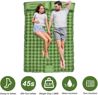 Double Sleeping Pad, Self-Inflating Sleeping Pad for Camping, Camping Sleeping Pad with Built-in Pump, 4" Extra Thickness Inflatable Sleeping Mat, Twin Air Mattress for Traveling (Green)