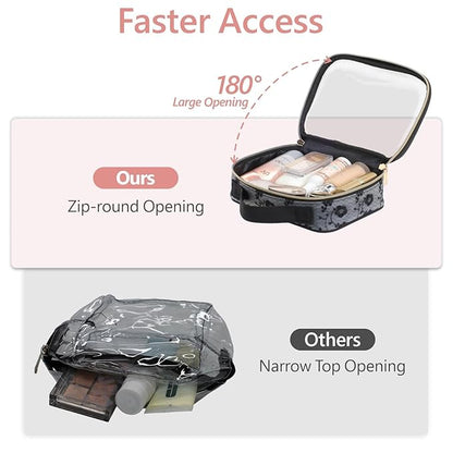 PACKISM Floral Texture Lace TSA Approved Toiletry Bag - 180° Large Opening Clear Makeup Bags in 2 Size, Clear Cosmetic Bags with Handle, 0.5 mm Thick Non-deformable No Smell, Black