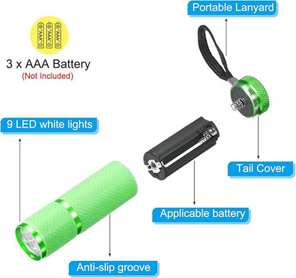 PATIKIL 9 LED Glow in Dark Flashlights, 2 Pcs Mini Aluminum Flashlight Rubber Coated Flashlight with Strap for Camping, Hiking, Party, Green
