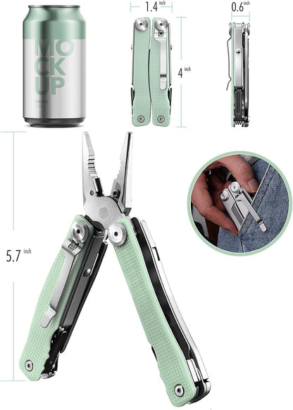 FantastiCAR 14 in 1 Multitool Pliers, Versatile Pocket Knife with Scissors, Knife Blade, Screwdriver, Bottle Opener, and Ideal for House or Camping Essentials, Holiday Gift Packaged (Mint Green)