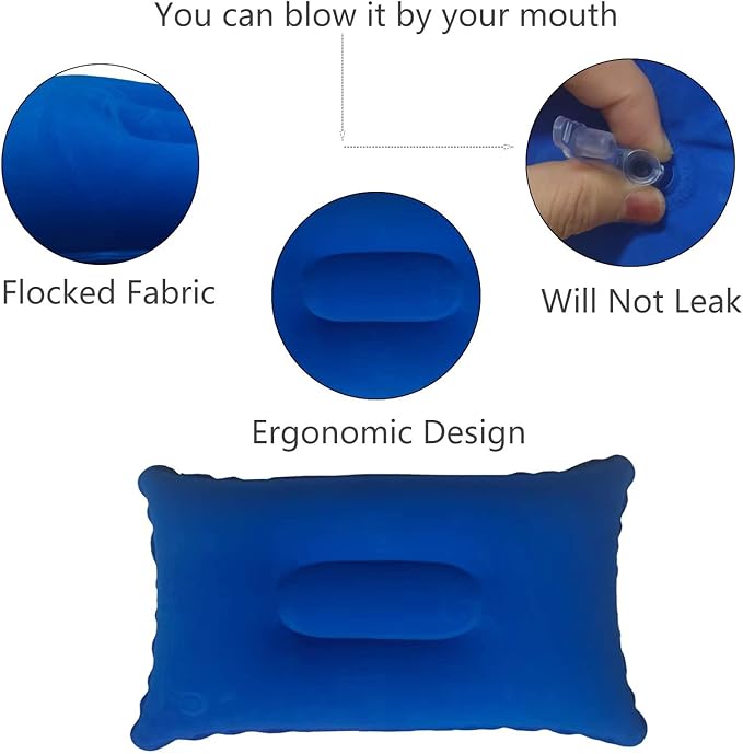 3 Pack Royal Blue Ultralight Inflatable Pillow Small Squared Flocked Fabric Air Pillow for Hiking,Camping,Traveling,Napping,Desk Rest,Neck & Lumbar Support