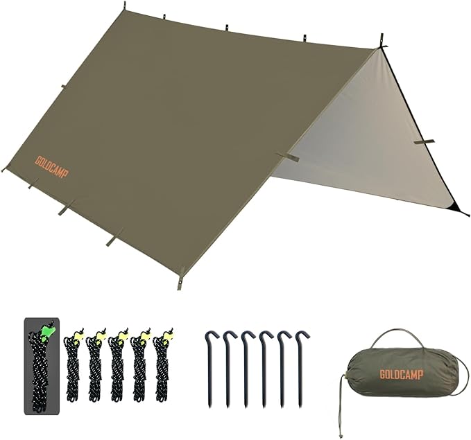 GOLDCAMP Waterproof Camping Tarp，70D Nylon 10''X10'' Hammock Rain Fly ，UV 50+ and PU15000mm Tent Tarp Shelter Canopy，Heavy Duty Multifunctional Sun Shade or Rain Fly Essentials for Hiking Backpacking