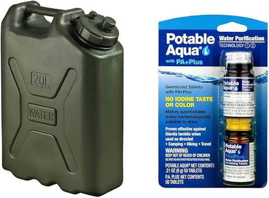 Scepter 5 Gallon Military BPA Free Water Container, Food Grade Water Jug & Potable Aqua Water Purification Tablets with PA Plus, Portable and Effective Solution