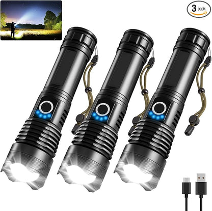 3Pack Rechargeable Flashlights High Lumens, 990000lm Super Bright Flashlight, 5Modes LED Flashlight Rechargeable, Adjustable Tactical Flashlights High Powered, Flash Lights for Emergency Camping Home