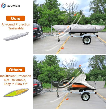 iCOVER 10ft Kayak Cover- Water Proof 600D Heavy Duty Kayaks/Canoe Covers Fits Canoes or Paddleboards up to 10ft Long and Beam Width up to 27in, Grey