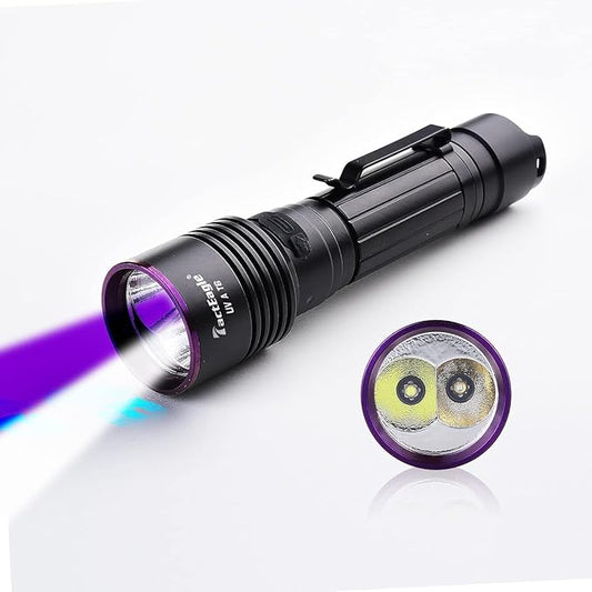 UVA-T6 Black Light & 400 Lumens Rechargeable Dual LEDs Flashlight 2 in 1 365NM Strong UV Flashlight for Urine Detection Minerals Resin Curing Scorpion Camping Hiking Fishing Outdoor