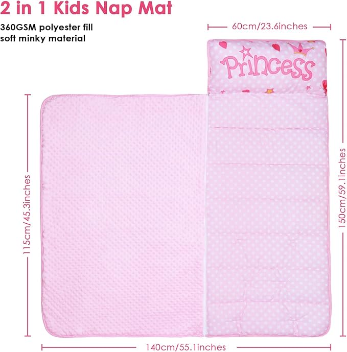 Kids Sleeping Bag Nap Mat with Removable Pillow and Blanket,Extra Thick Large 2 in 1 Slumber Bags for Boys Girls,Toddler Nap Mat for Preschool Daycare Travel Camping
