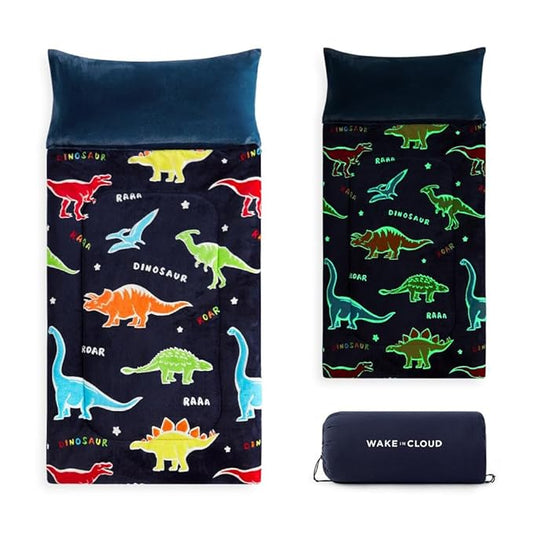 Wake In Cloud - Glow in the Dark Sleeping Bag with Pillow, Fleece Nap Mat for Toddler Kids Boys Girls, Winter Cold Weather Daycare Kindergarten Sleepover Travel Camping, Colorful Dinosaur on Dark Navy