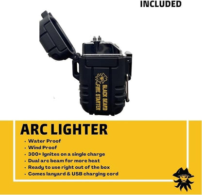 Black Beard Fire Plug Kit - 50 Waterproof Fire Plugs, Arc Lighter, Ferro Rod and Organizer Case for Camping, Backpacking and Emergency Survival