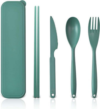 Large Reusable Travel Utensils Set with Case, Plastic Silverware Set for Adults Travel Picnic Camping, Portable Flatware Cutlery Set with Chopsticks for Daily Use(Dark Green)