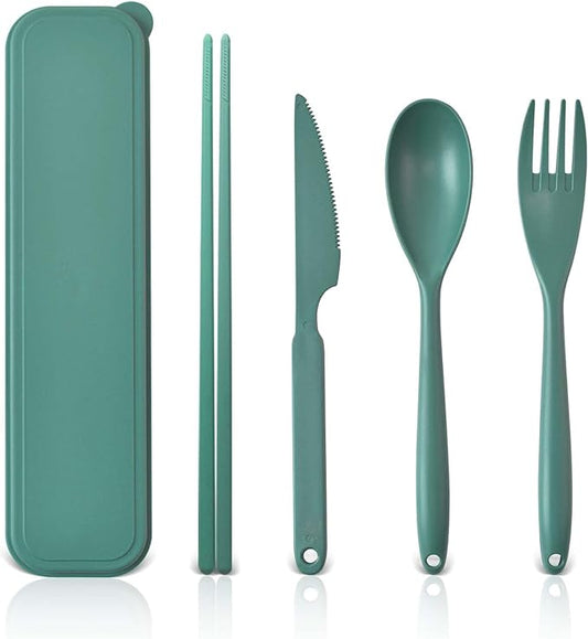 Large Reusable Travel Utensils Set with Case, Plastic Silverware Set for Adults Travel Picnic Camping, Portable Flatware Cutlery Set with Chopsticks for Daily Use(Dark Green)