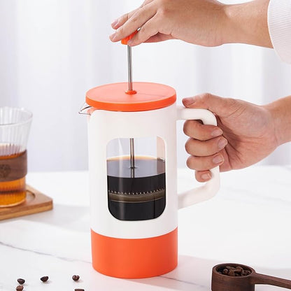YOLIFE French Press Coffee Maker, 34 oz / 4 Cup Coffee Tea Press with Heat-resistant Borosilicate Glass, 4-Level Filtration Systems, Cold Brew Coffee Maker for Camping Travel Gifts, White and Orange
