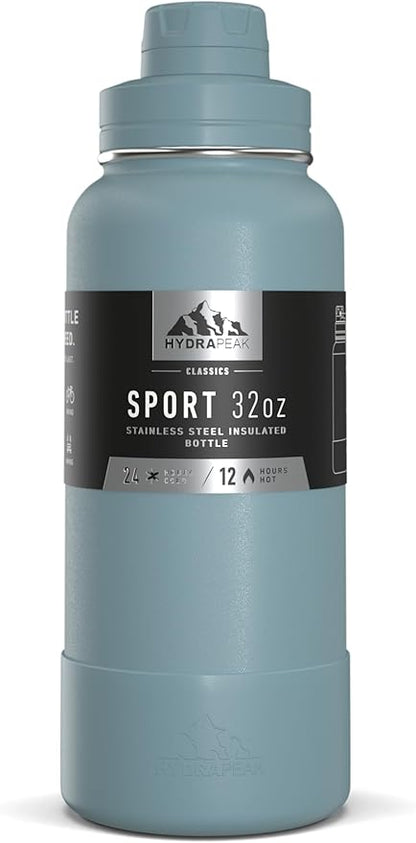 Hydrapeak 32oz Sport Insulated Water Bottle with Chug Lid, Leak & Spill Proof, Keeps Drinks Cold for 24 Hours, Hot for 12 Hours, Premium Stainless Steel Water Bottles (32oz, Modern Blue)