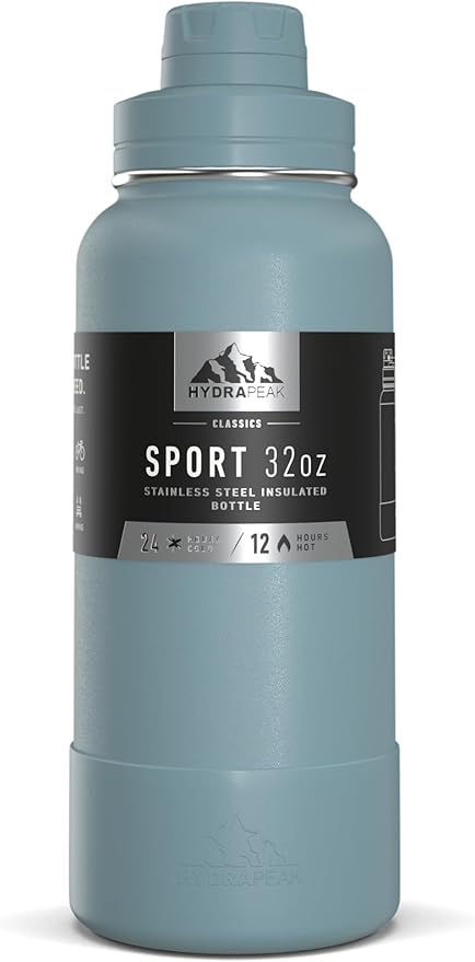 Hydrapeak 32oz Sport Insulated Water Bottle with Chug Lid, Leak & Spill Proof, Keeps Drinks Cold for 24 Hours, Hot for 12 Hours, Premium Stainless Steel Water Bottles (32oz, Modern Blue)