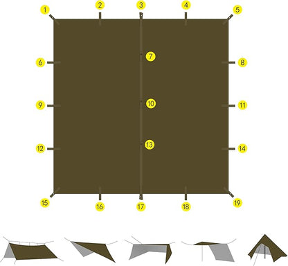 GOLDCAMP Waterproof Camping Tarp，70D Nylon 10''X10'' Hammock Rain Fly ，UV 50+ and PU15000mm Tent Tarp Shelter Canopy，Heavy Duty Multifunctional Sun Shade or Rain Fly Essentials for Hiking Backpacking