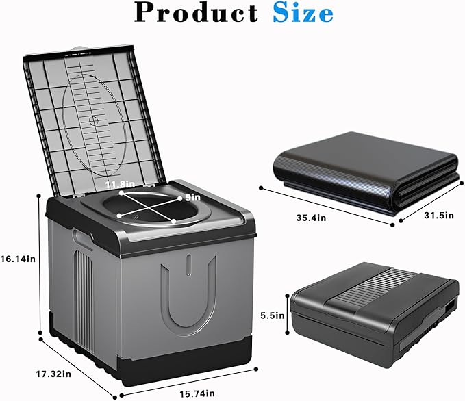 Upgrade XXXL Portable Toilet for Adults Camping, 17.3x16x15.74 In-Large Portable Foldable Toilet with 20pc-35.4x31.5in Garbage Bag, Perfect for Camping, Hiking, Fishing, Travel, Long Trips, Outdoor