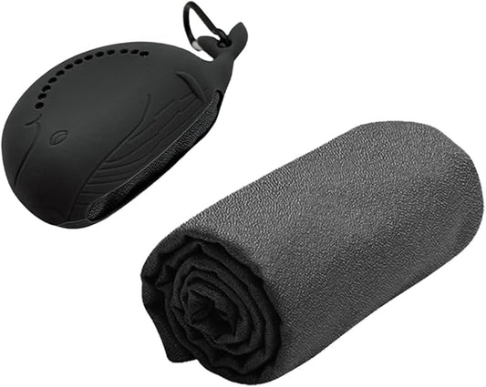 FANCAME Quick Dry Towel with Whale Silicone Sleeve Microfiber Sports Travel Towel Soft Breathable Cooling Towel Absorbent Compact Beach Towels,Suitable for Gym,Camping and Yoga (Grey, 15‘’x 15")