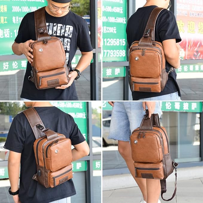 KPYWZER Leather Sling Bag Hiking Daypack for Men Women Outdoor Travel Camping Fishing Crossbody Shoulder Chest Pack Backpack Daypack Brown