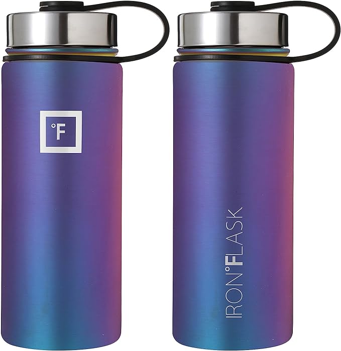IRON °FLASK Camping & Hiking Hydration Flask, Wide Mouth, 3 Straw Lids, Stainless Steel Outdoor Water Bottle, Double Walled, Insulated Thermos, Metal Canteen - Aurora, 18 Oz